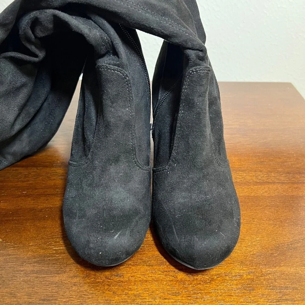 Material Girl Black Faux Suede Over Knee Thigh High Block 4